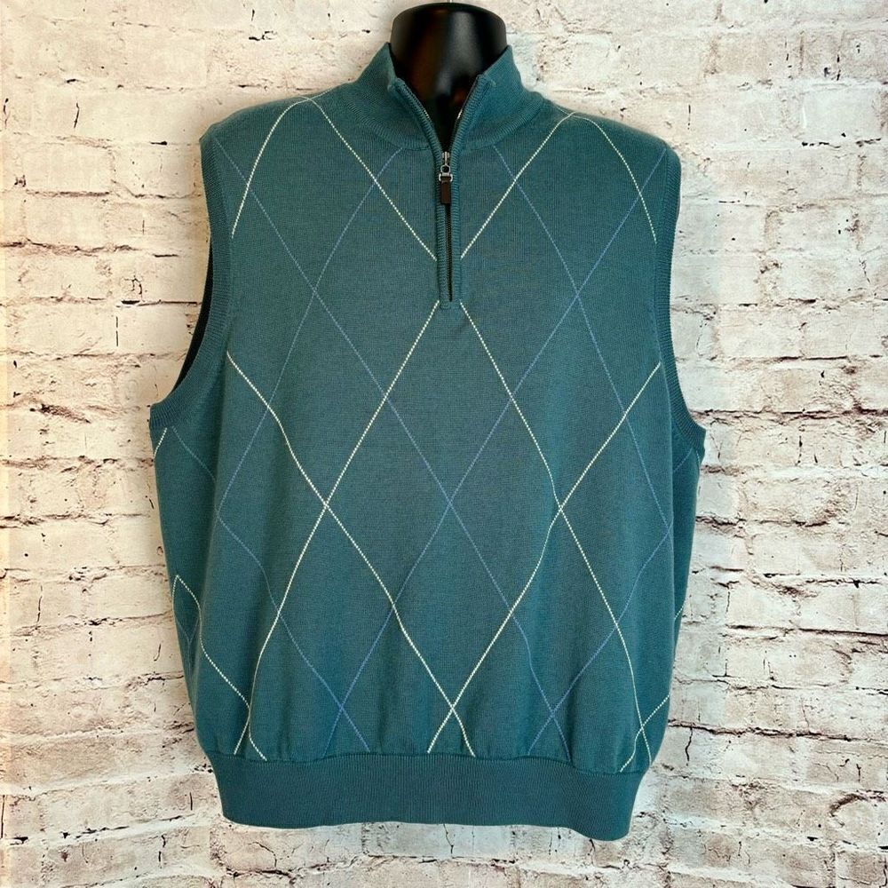 Fairway Greene Italian Merino Sweater Golf Vest Lined Zip Mock Neck Argyle L